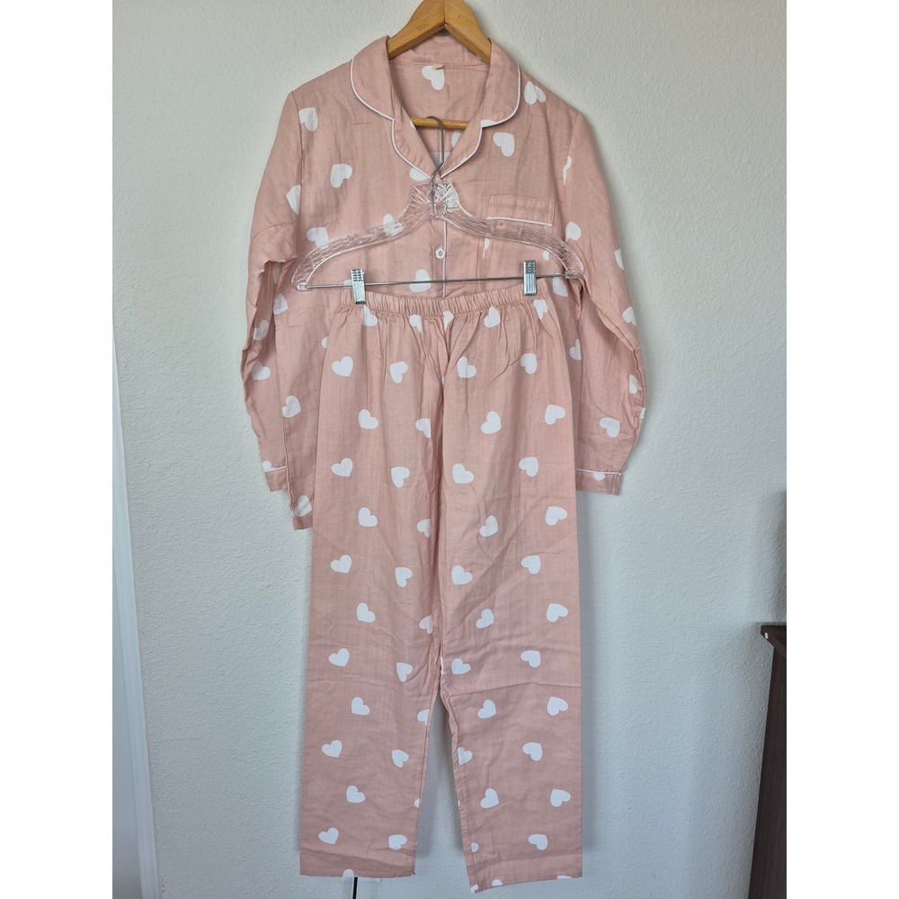 The Fleece Company Pink Heart Print 100% Cotton Pajama Set Womens Large‎ 2 Piece